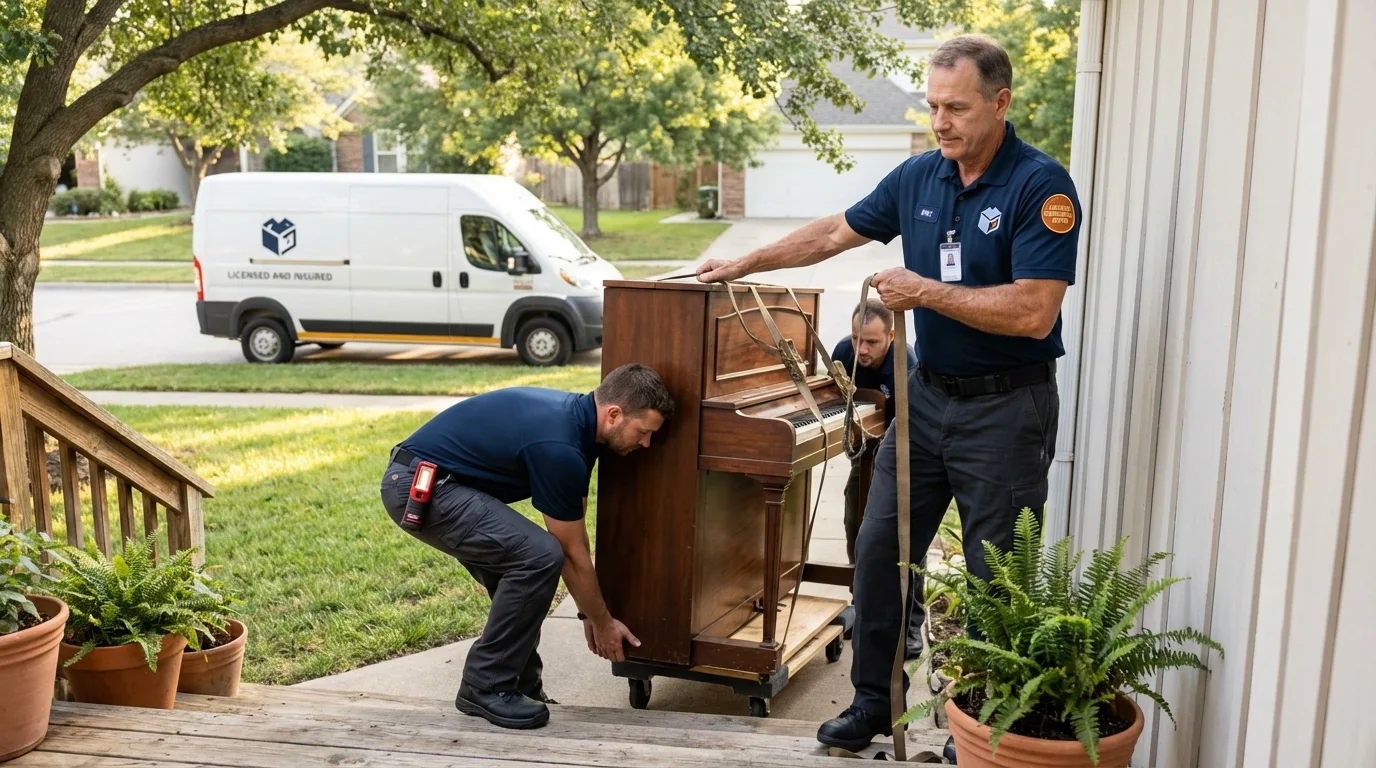Licensed piano movers securing grand piano in Caldwell, NJ