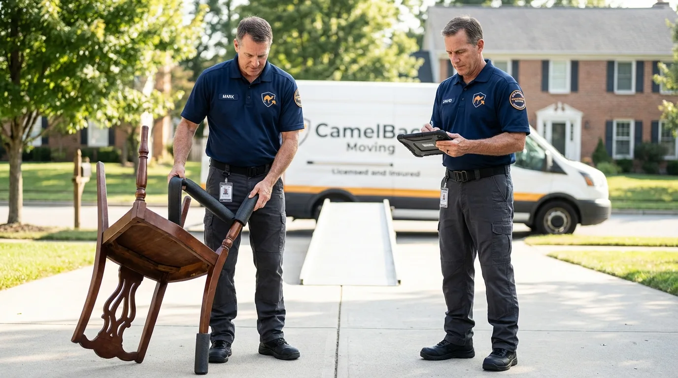 Movers inspecting furniture for damage prevention before loading in Caldwell, NJ