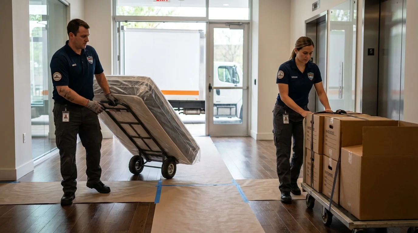 Professional apartment movers loading elevator in Caldwell, NJ